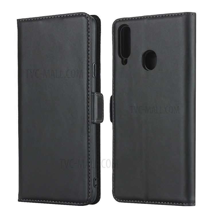 Genuine Leather Wallet Stand Design Protector Shell with Dual-Magnet-Clasp for Samsung Galaxy A20s - Black-1