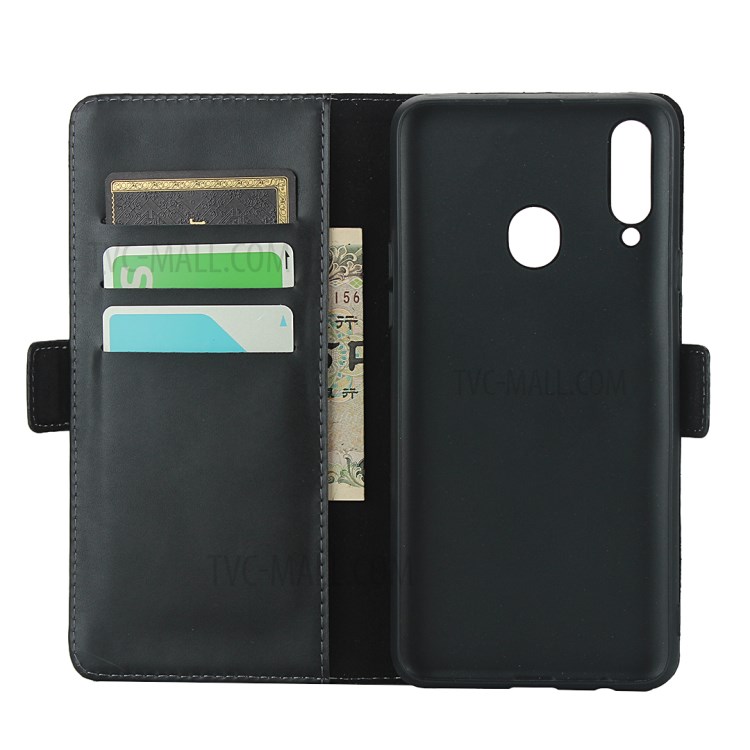 Genuine Leather Wallet Stand Design Protector Shell with Dual-Magnet-Clasp for Samsung Galaxy A20s - Black-4