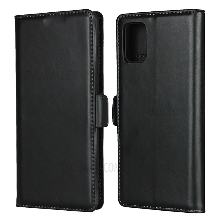 Wallet Stand Design Genuine Leather Protector Shell for Samsung Galaxy A51 SM-A515 - Black-1