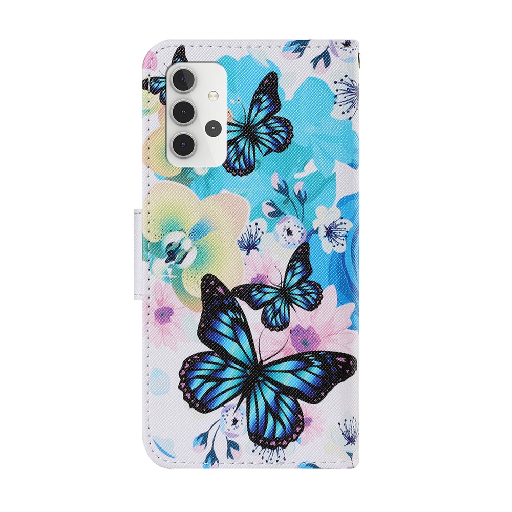 Pattern Printing Design PU Leather Wallet Phone Stand Case with Strap for Samsung Galaxy A32 - Blue Butterfly-2