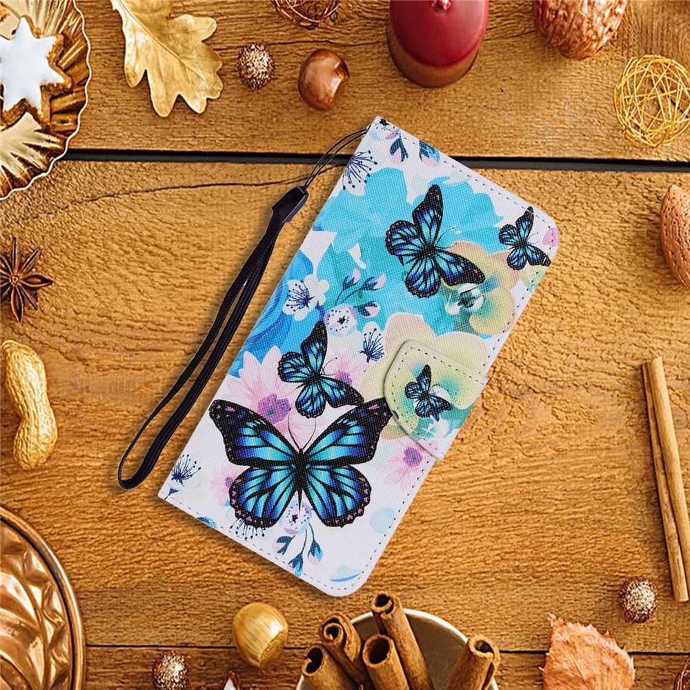Pattern Printing Design PU Leather Wallet Phone Stand Case with Strap for Samsung Galaxy A32 - Blue Butterfly-5