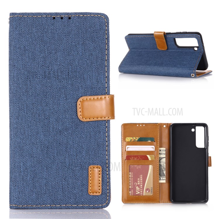 Jeans Cloth Wallet PU Leather Stand Protector Case for Samsung Galaxy S21 5G - Dark Blue-1