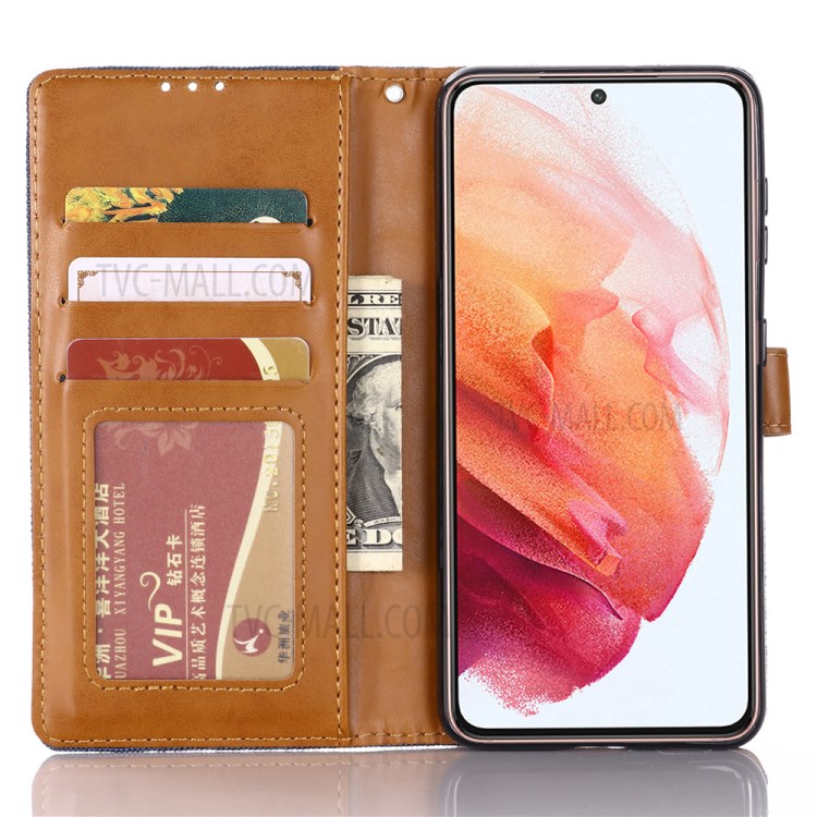 Jeans Cloth Wallet PU Leather Stand Protector Case for Samsung Galaxy S21 5G - Dark Blue-3
