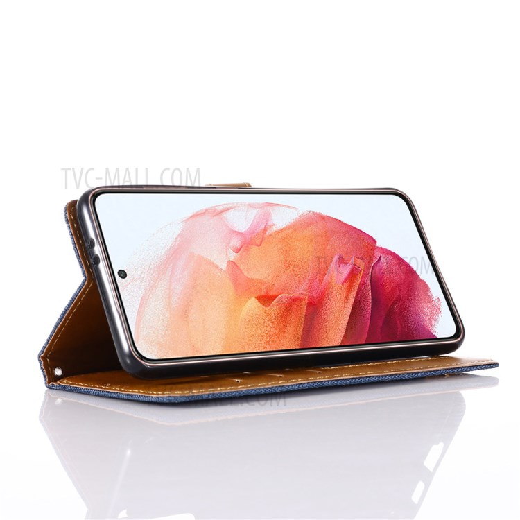 Jeans Cloth Wallet PU Leather Stand Protector Case for Samsung Galaxy S21 5G - Dark Blue-4