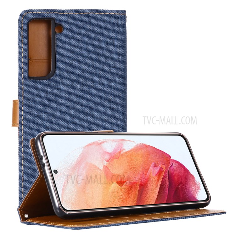 Jeans Cloth Wallet PU Leather Stand Protector Case for Samsung Galaxy S21 5G - Dark Blue-5