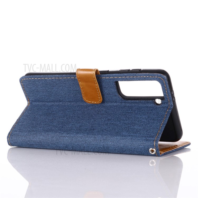Jeans Cloth Wallet PU Leather Stand Protector Case for Samsung Galaxy S21 5G - Dark Blue-7