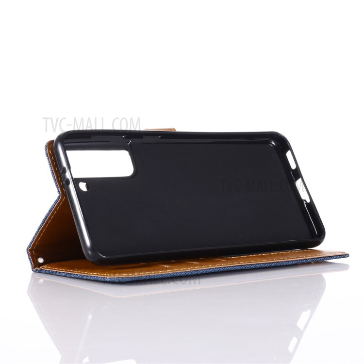 Jeans Cloth Wallet PU Leather Stand Protector Case for Samsung Galaxy S21 5G - Dark Blue-8