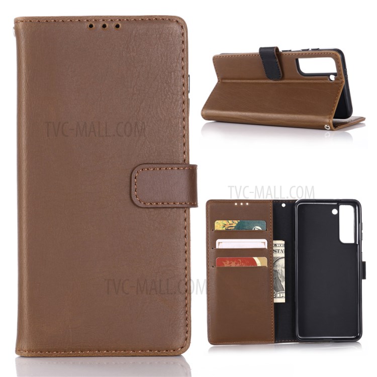 Retro Style Crazy Horse Leather Wallet Case for Samsung Galaxy S21 5G Cover - Coffee-1