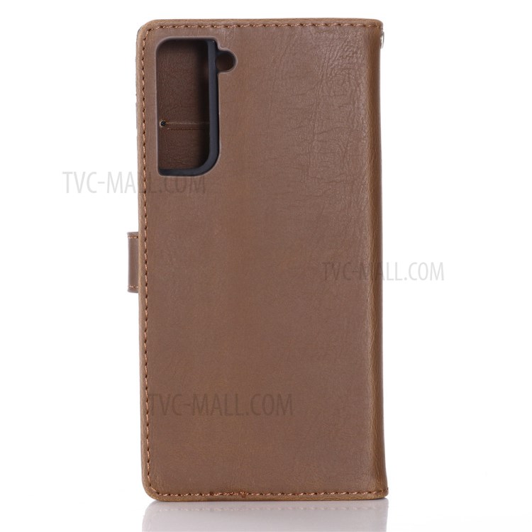 Retro Style Crazy Horse Leather Wallet Case for Samsung Galaxy S21 5G Cover - Coffee-2