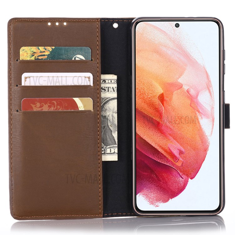 Retro Style Crazy Horse Leather Wallet Case for Samsung Galaxy S21 5G Cover - Coffee-3