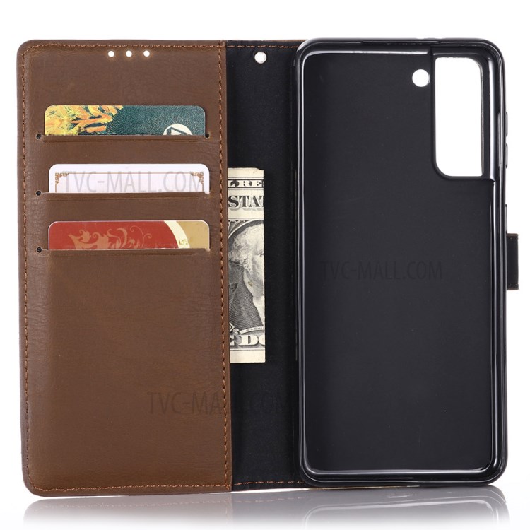 Retro Style Crazy Horse Leather Wallet Case for Samsung Galaxy S21 5G Cover - Coffee-6