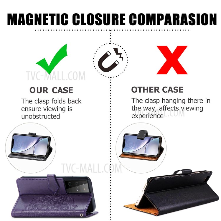 Embossed Mandala Flower Leather Case with Wallet Stand for Samsung Galaxy S21 Ultra 5G - Purple-10