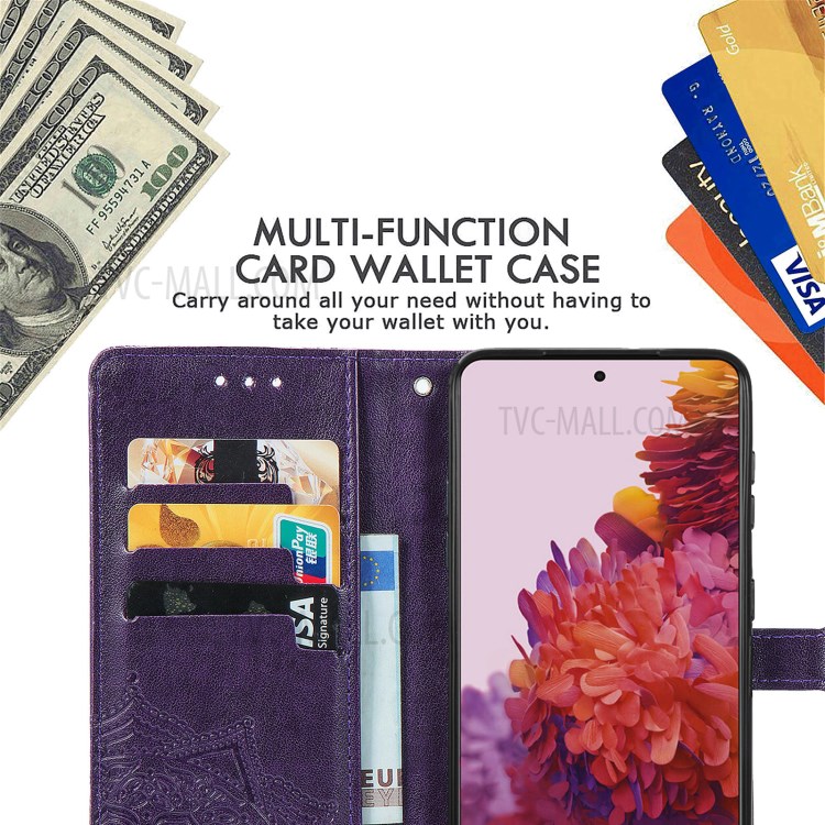 Embossed Mandala Flower Leather Case with Wallet Stand for Samsung Galaxy S21 Ultra 5G - Purple-11