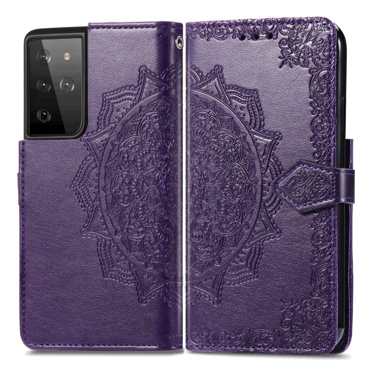 Embossed Mandala Flower Leather Case with Wallet Stand for Samsung Galaxy S21 Ultra 5G - Purple-2