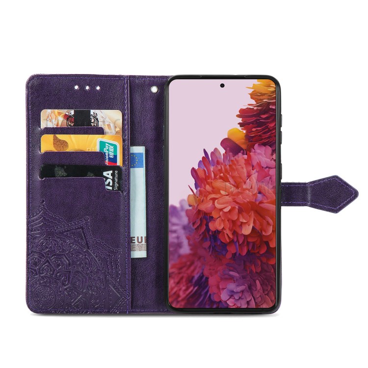 Embossed Mandala Flower Leather Case with Wallet Stand for Samsung Galaxy S21 Ultra 5G - Purple-3