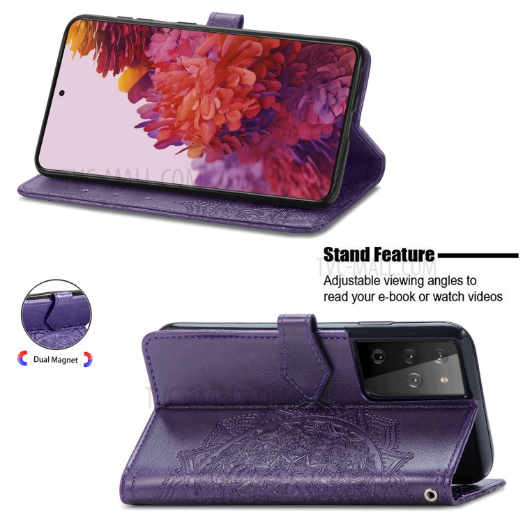 Embossed Mandala Flower Leather Case with Wallet Stand for Samsung Galaxy S21 Ultra 5G - Purple-4