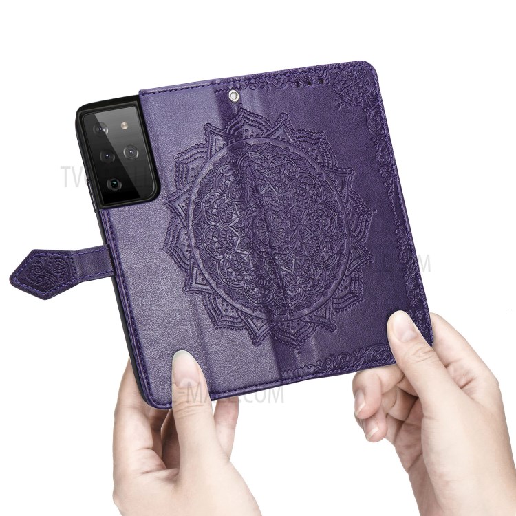 Embossed Mandala Flower Leather Case with Wallet Stand for Samsung Galaxy S21 Ultra 5G - Purple-5