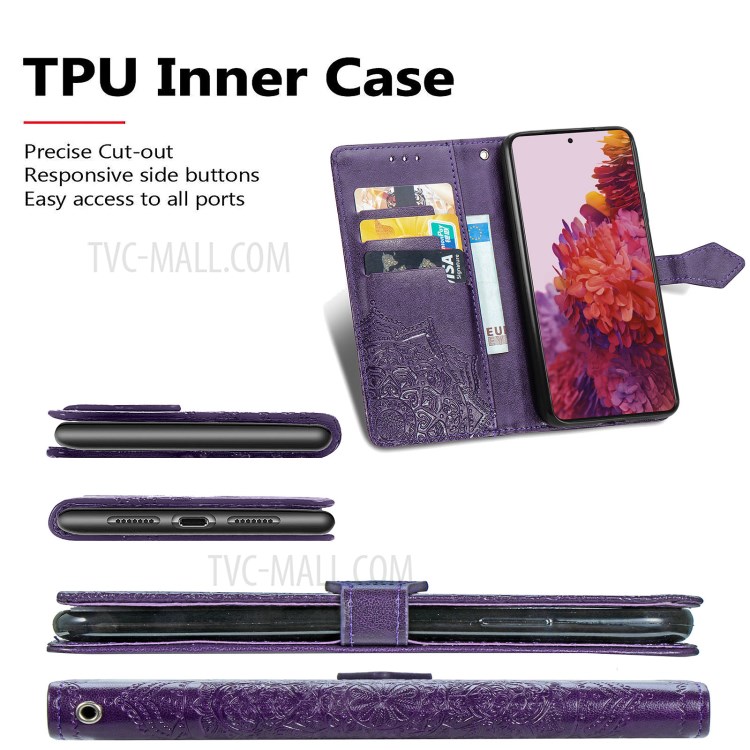 Embossed Mandala Flower Leather Case with Wallet Stand for Samsung Galaxy S21 Ultra 5G - Purple-7