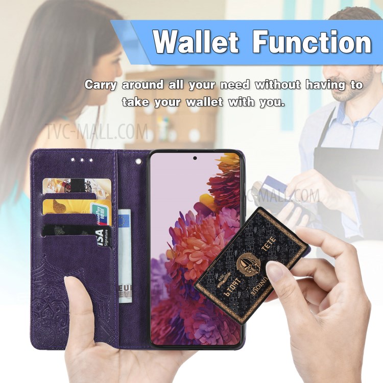 Embossed Mandala Flower Leather Case with Wallet Stand for Samsung Galaxy S21 Ultra 5G - Purple-8