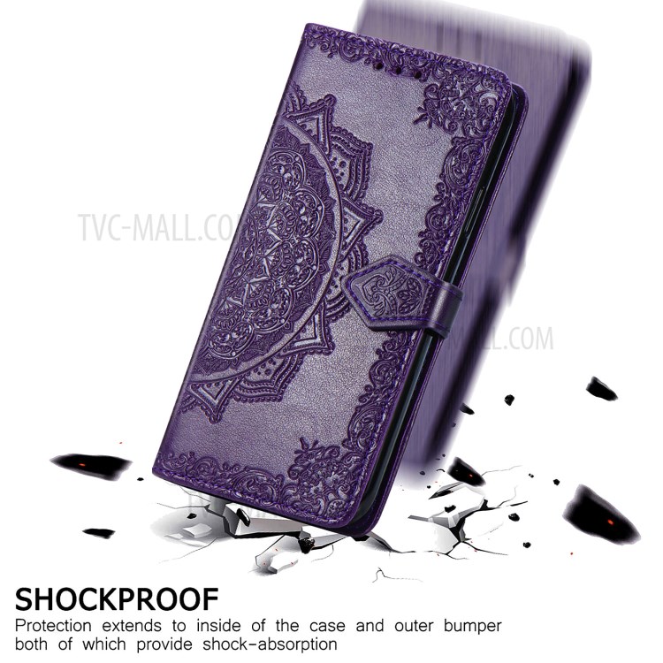 Embossed Mandala Flower Leather Case with Wallet Stand for Samsung Galaxy S21 Ultra 5G - Purple-9