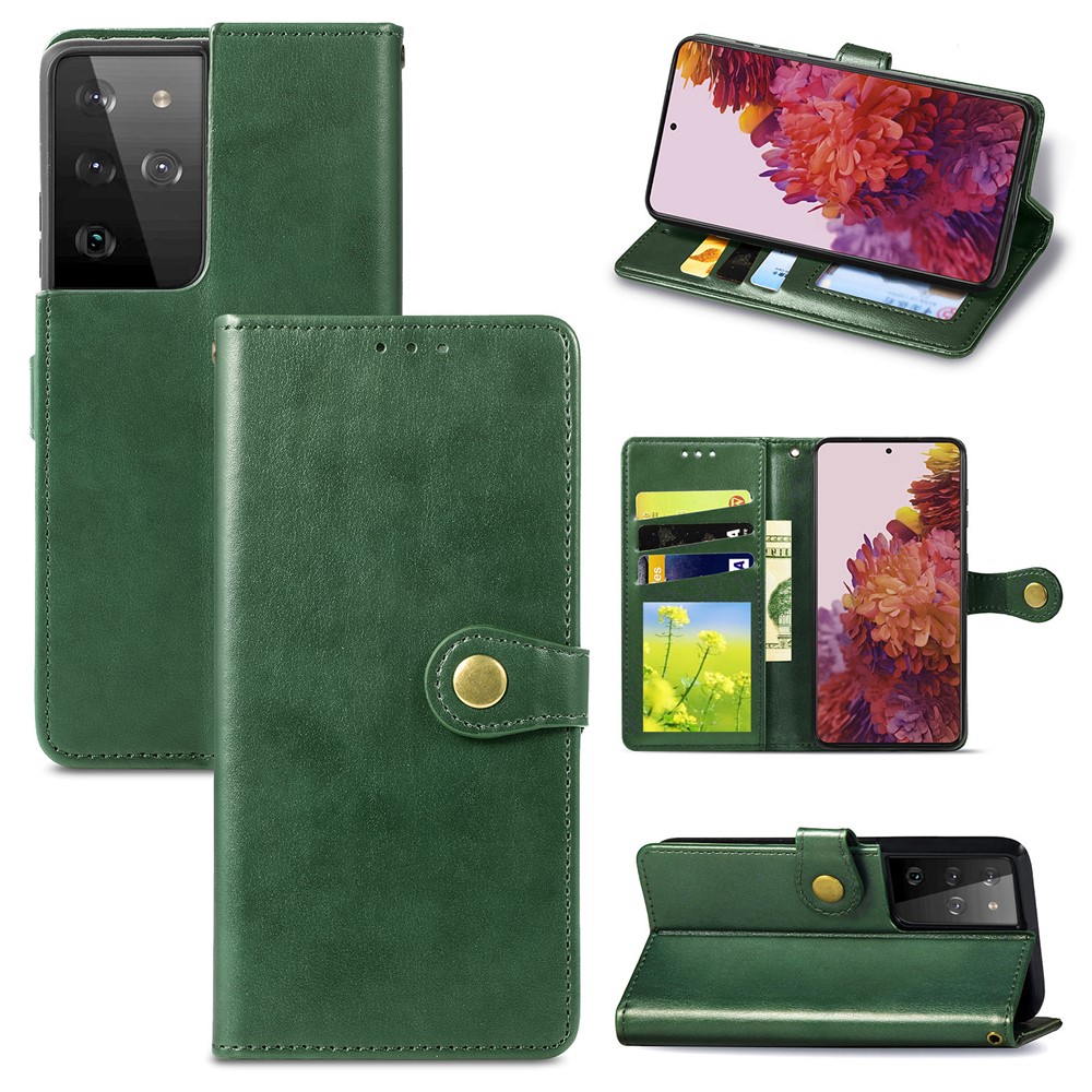 Solid Color Wallet Stand Leather Phone Shell for Samsung Galaxy S21 Ultra - Blackish Green-1