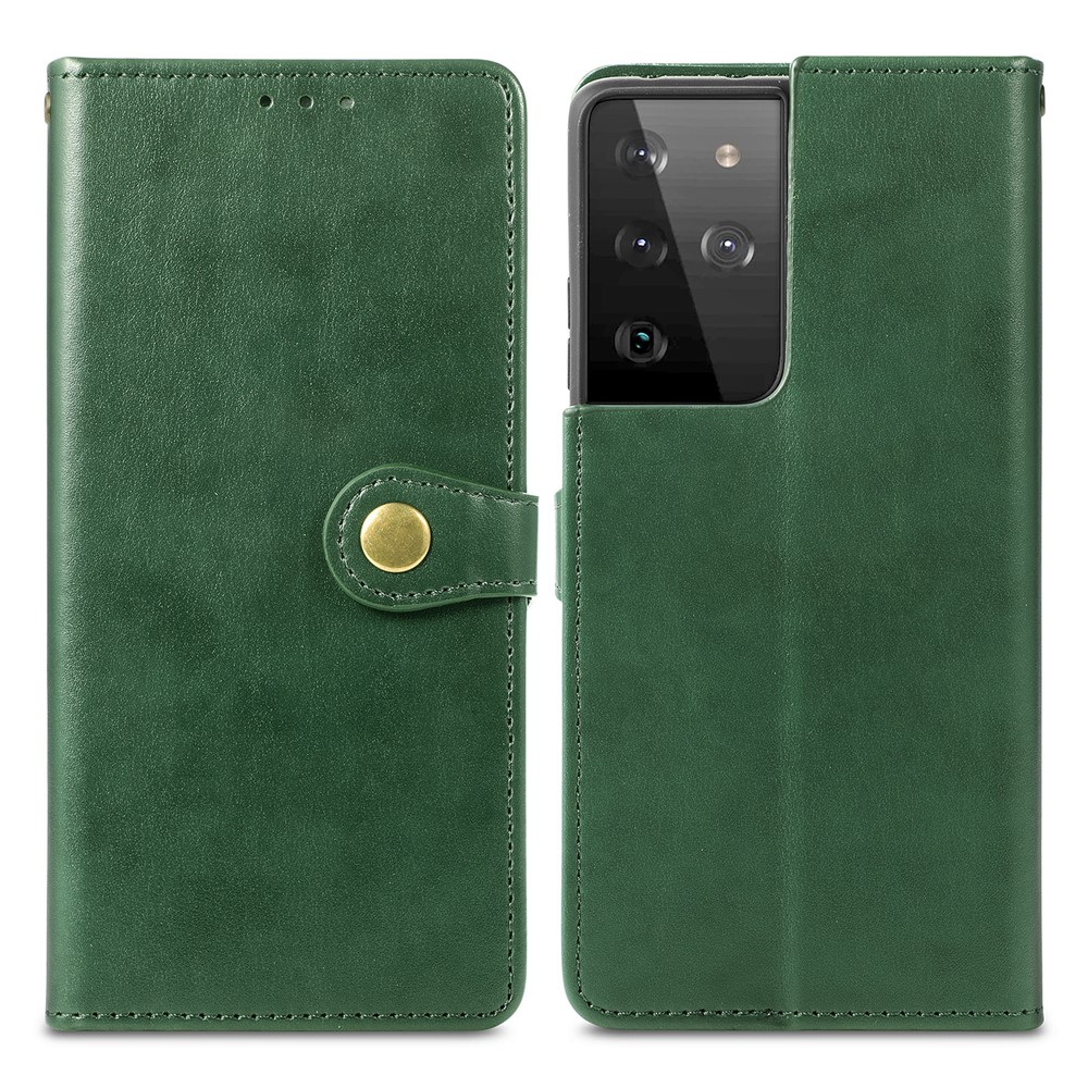 Solid Color Wallet Stand Leather Phone Shell for Samsung Galaxy S21 Ultra - Blackish Green-2