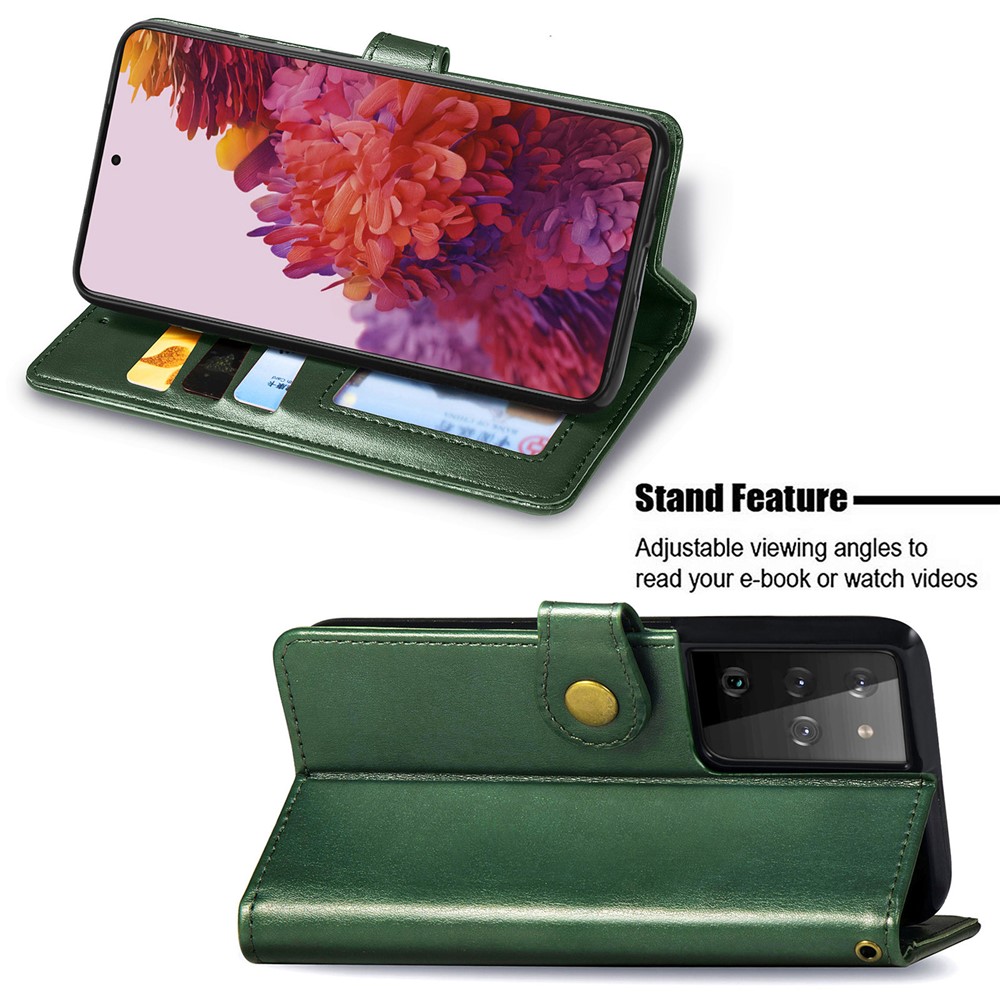 Solid Color Wallet Stand Leather Phone Shell for Samsung Galaxy S21 Ultra - Blackish Green-4