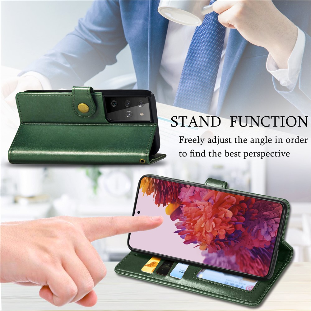 Solid Color Wallet Stand Leather Phone Shell for Samsung Galaxy S21 Ultra - Blackish Green-8