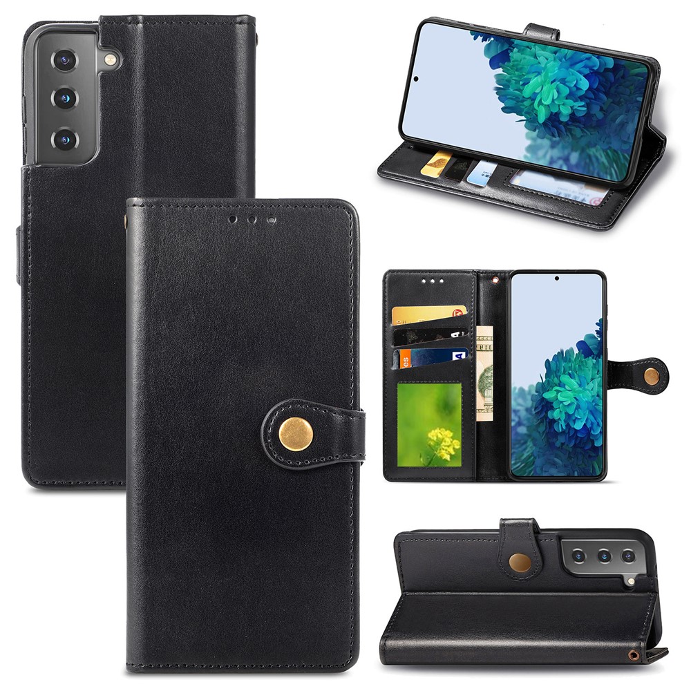 Solid Color Wallet Stand Leather Phone Shell for Samsung Galaxy S21+ - Black-1