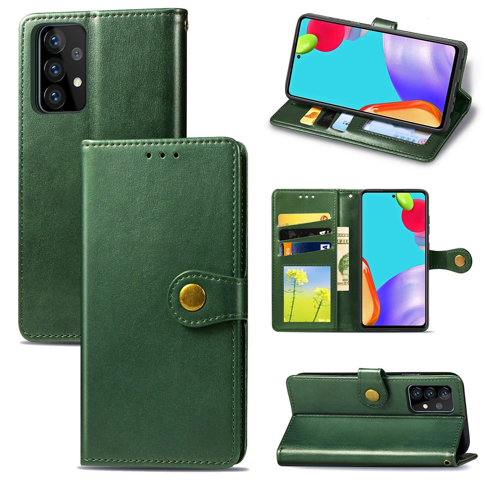 Solid Color Wallet Stand Leather Phone Shell for Samsung Galaxy A52 5G - Blackish Green-1
