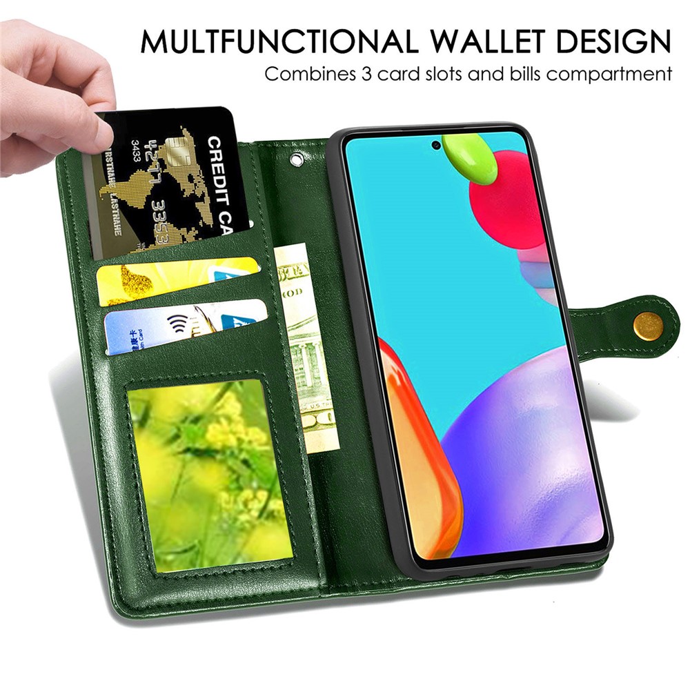 Solid Color Wallet Stand Leather Phone Shell for Samsung Galaxy A52 5G - Blackish Green-5