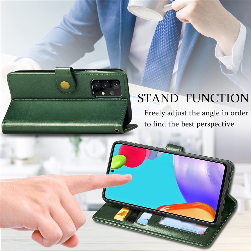 Solid Color Wallet Stand Leather Phone Shell for Samsung Galaxy A52 5G - Blackish Green-8