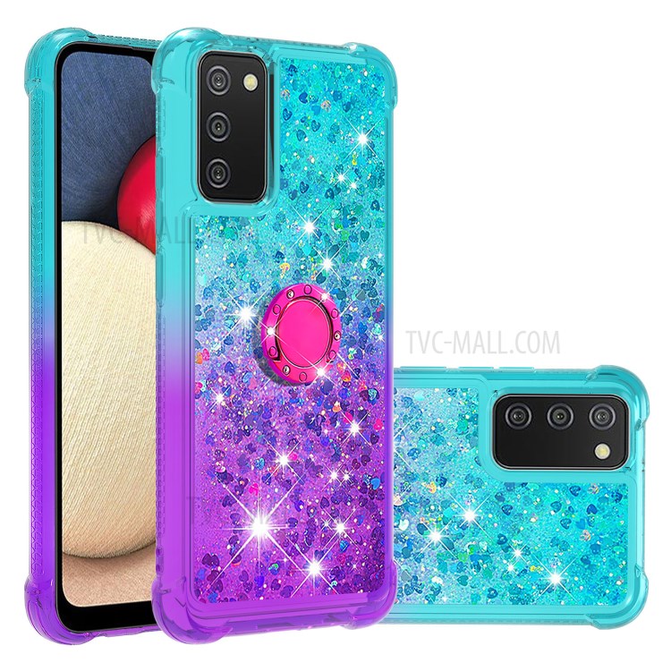Shockproof Gradient Quicksand with Ring Kickstand TPU Shell for Samsung Galaxy A02s (EU Version) / Galaxy A02s (US Version) - Baby Blue/Purple-1