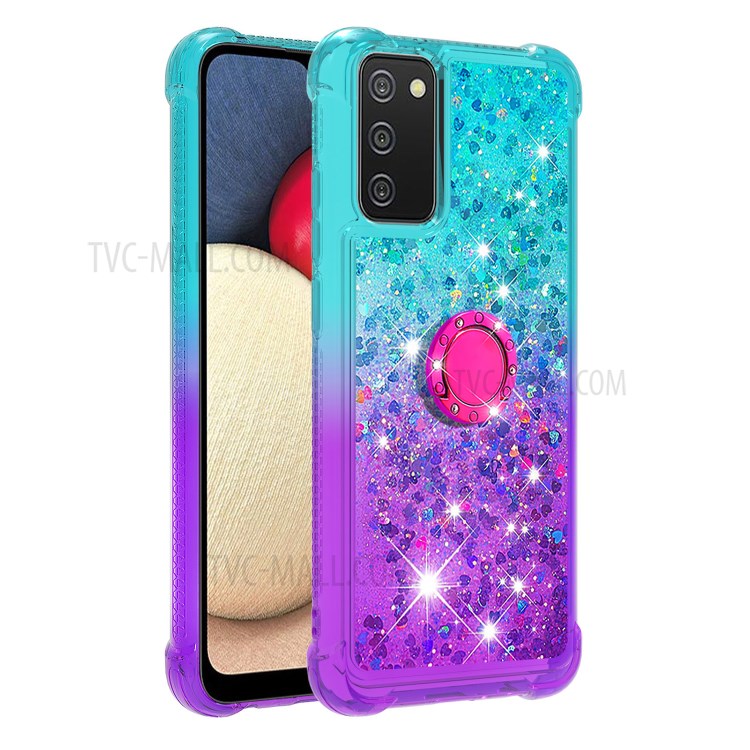Shockproof Gradient Quicksand with Ring Kickstand TPU Shell for Samsung Galaxy A02s (EU Version) / Galaxy A02s (US Version) - Baby Blue/Purple-3
