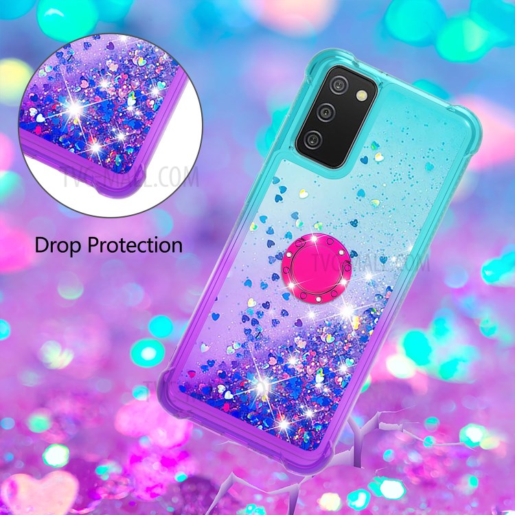 Shockproof Gradient Quicksand with Ring Kickstand TPU Shell for Samsung Galaxy A02s (EU Version) / Galaxy A02s (US Version) - Baby Blue/Purple-5