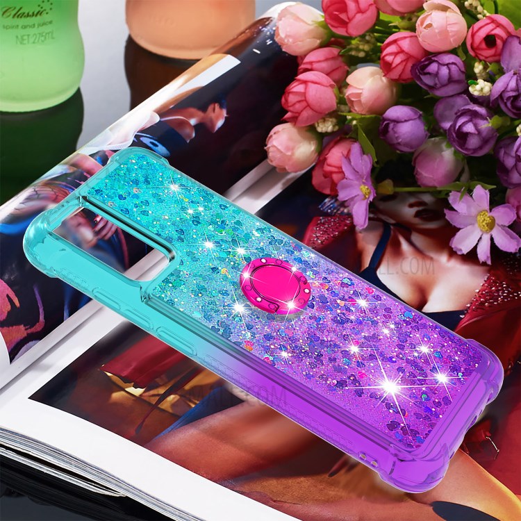 Shockproof Gradient Quicksand with Ring Kickstand TPU Shell for Samsung Galaxy A02s (EU Version) / Galaxy A02s (US Version) - Baby Blue/Purple-7