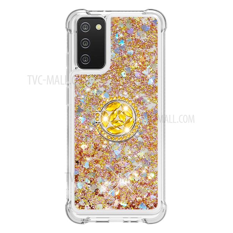Shockproof Glitter Sequins Quicksand TPU Phone Protective Shell with Rhinestone Ring Kickstand for Samsung Galaxy A02s (EU Version)/(US Version) - Gold-2