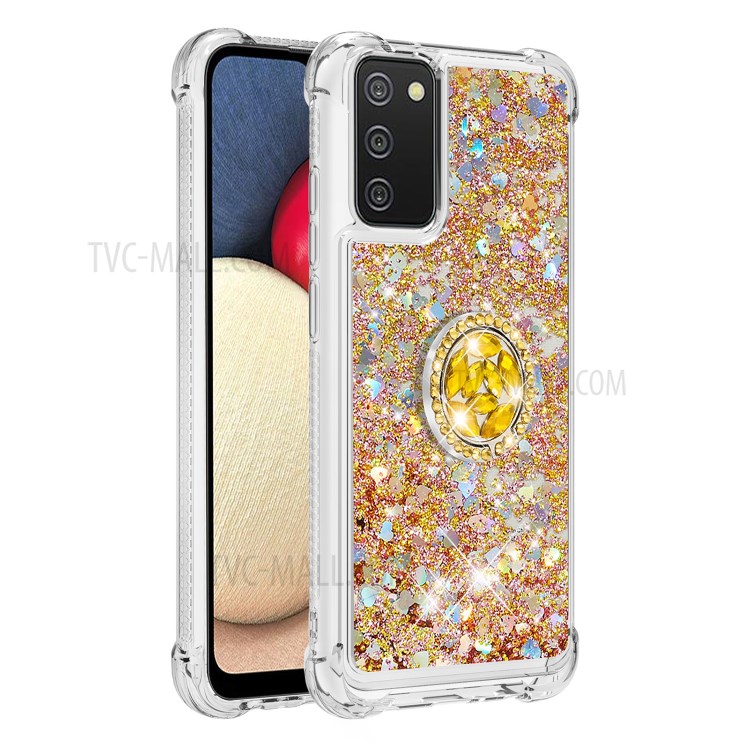 Shockproof Glitter Sequins Quicksand TPU Phone Protective Shell with Rhinestone Ring Kickstand for Samsung Galaxy A02s (EU Version)/(US Version) - Gold-3