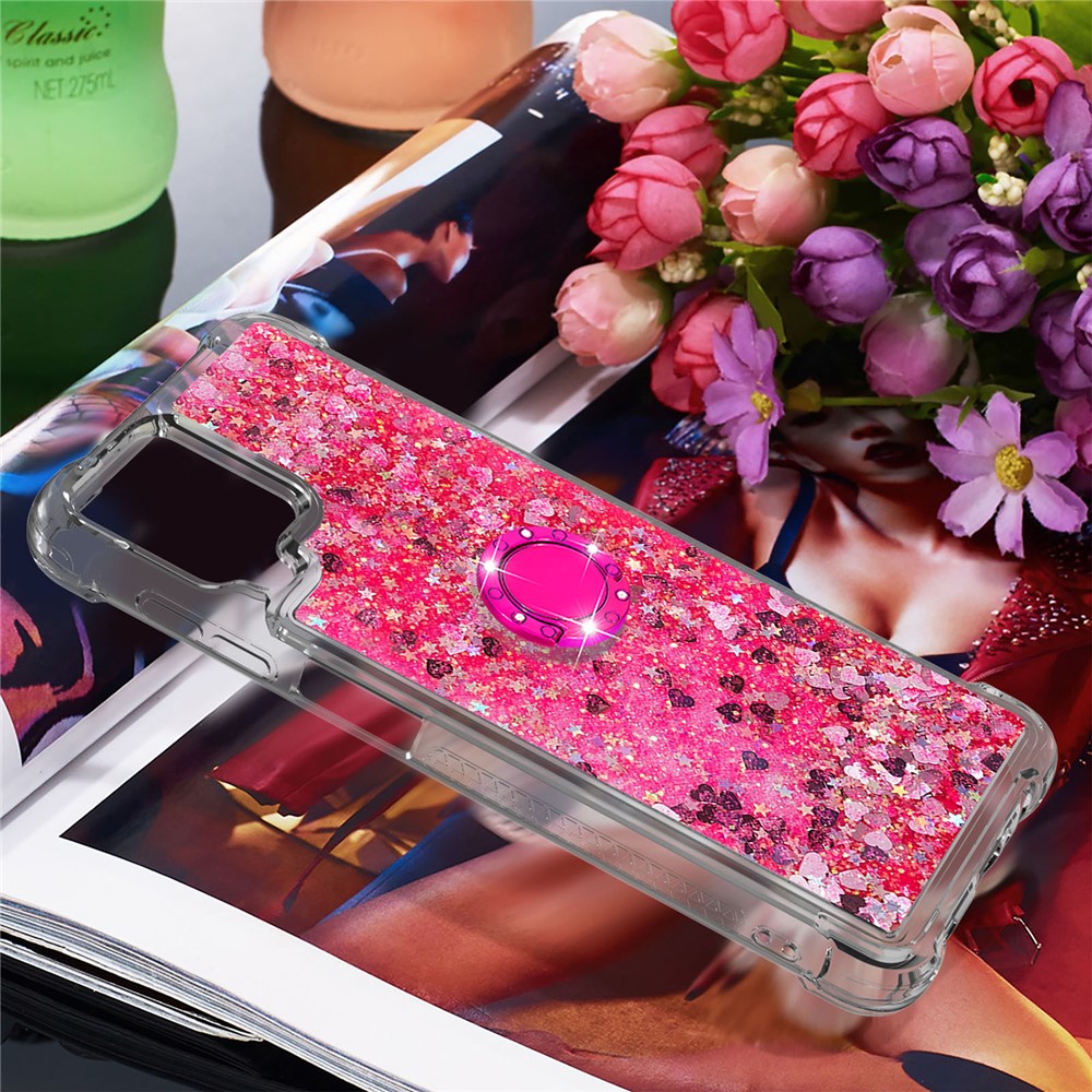 Glitter Sequins Quicksand Shock-Absorbed TPU Phone Protective Shell with Ring Kickstand for Samsung Galaxy A12 - Rose-7
