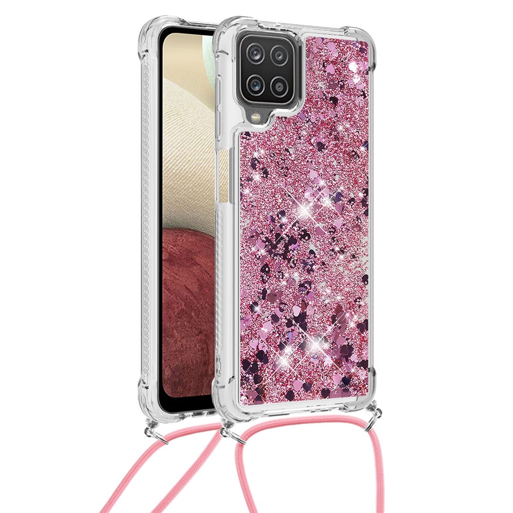 Strap Design TPU Quicksand Phone Shell Case for Samsung Galaxy A12 - Rose Gold-1