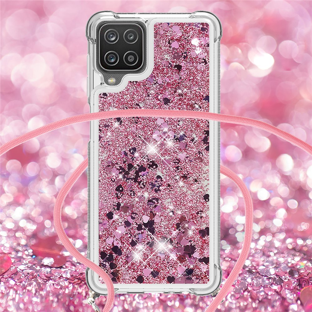 Strap Design TPU Quicksand Phone Shell Case for Samsung Galaxy A12 - Rose Gold-4