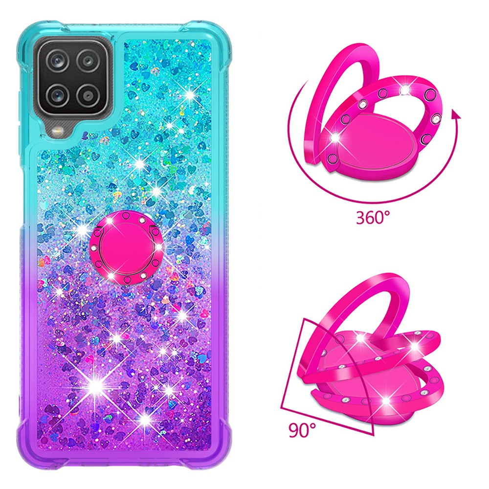Shockproof Gradient Quicksand with Ring Kickstand TPU Shell for Samsung Galaxy A12 - Baby Blue/Purple-2