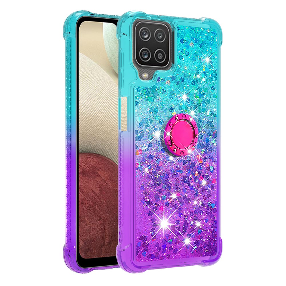 Shockproof Gradient Quicksand with Ring Kickstand TPU Shell for Samsung Galaxy A12 - Baby Blue/Purple-3