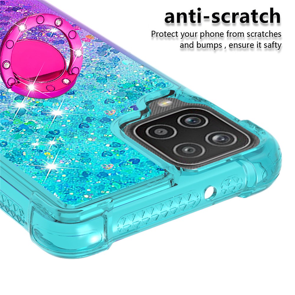 Shockproof Gradient Quicksand with Ring Kickstand TPU Shell for Samsung Galaxy A12 - Baby Blue/Purple-4