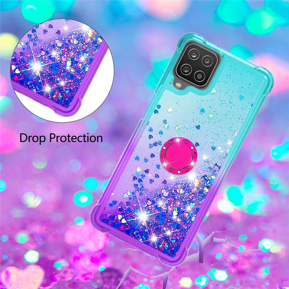Shockproof Gradient Quicksand with Ring Kickstand TPU Shell for Samsung Galaxy A12 - Baby Blue/Purple-5