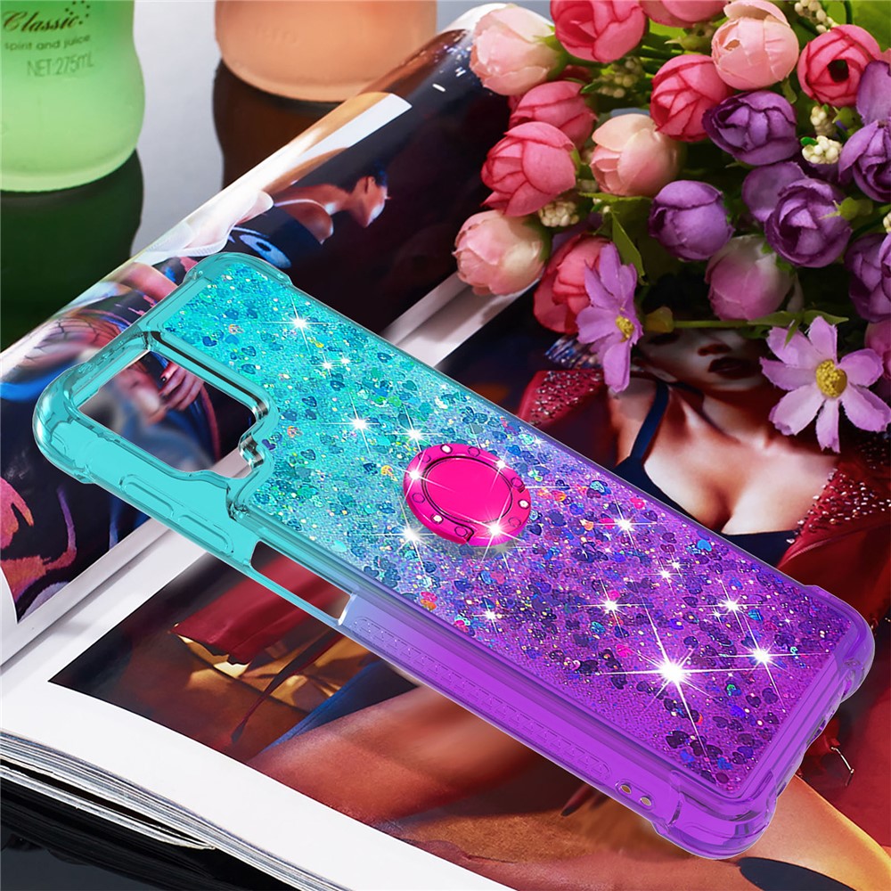 Shockproof Gradient Quicksand with Ring Kickstand TPU Shell for Samsung Galaxy A12 - Baby Blue/Purple-7
