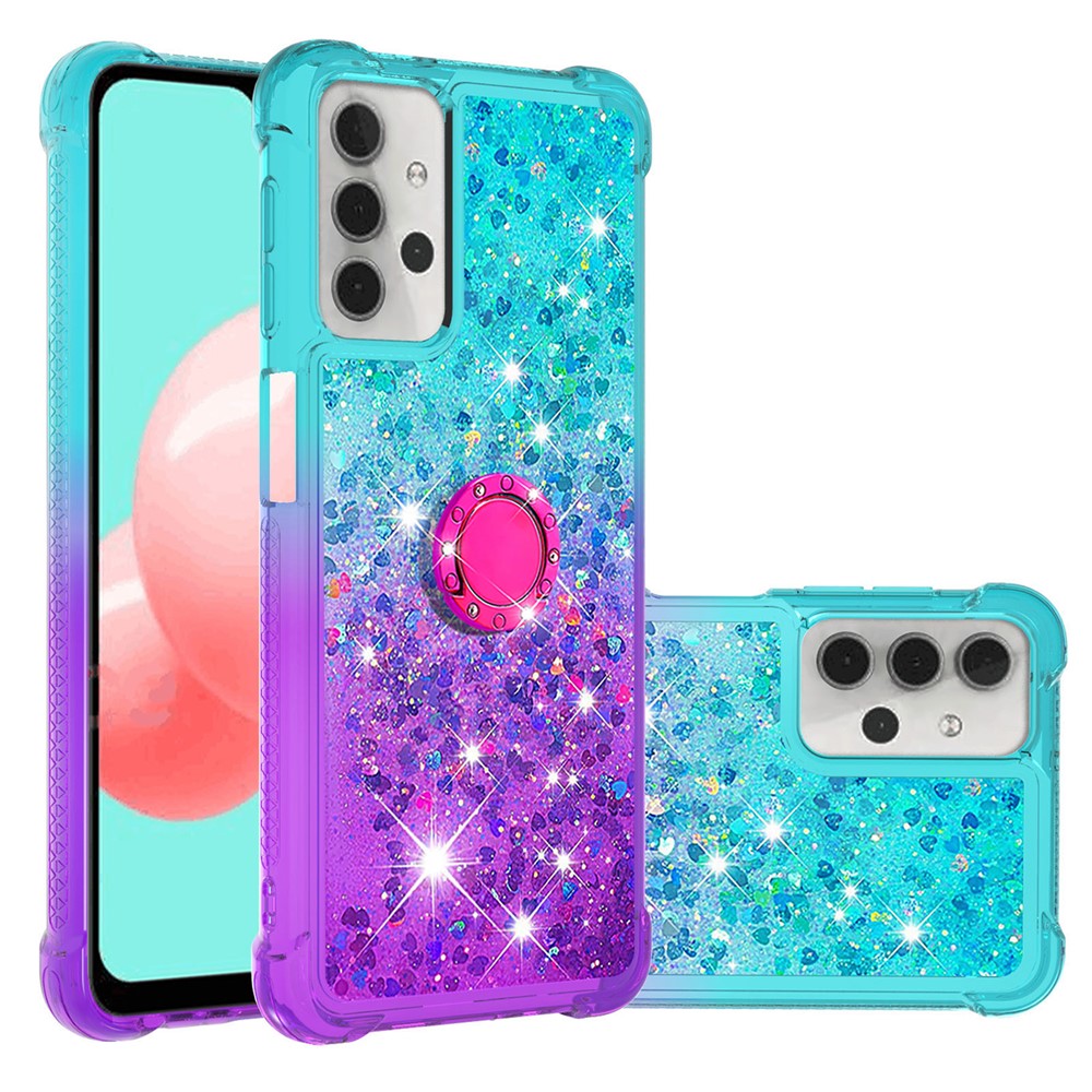 Shockproof Gradient Quicksand with Ring Kickstand TPU Shell for Samsung Galaxy A32 5G - Baby Blue/Purple-1