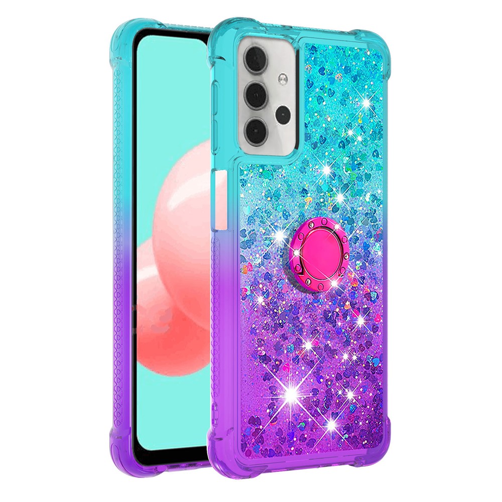 Shockproof Gradient Quicksand with Ring Kickstand TPU Shell for Samsung Galaxy A32 5G - Baby Blue/Purple-3