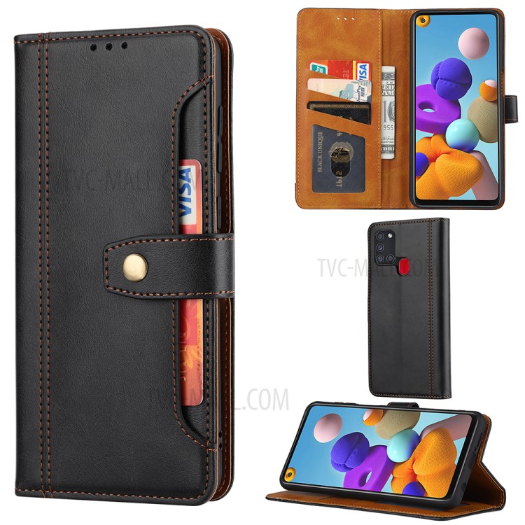 Card Slots Kickstand PU Leather Coated TPU Case for Samsung Galaxy A21s - Black-1