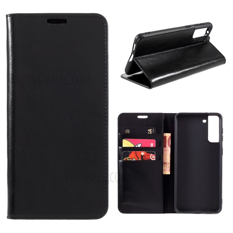 Crazy Horse Auto-Absorbed Genuine Leather Wallet Stand Case for Samsung Galaxy S21 5G - Black-1
